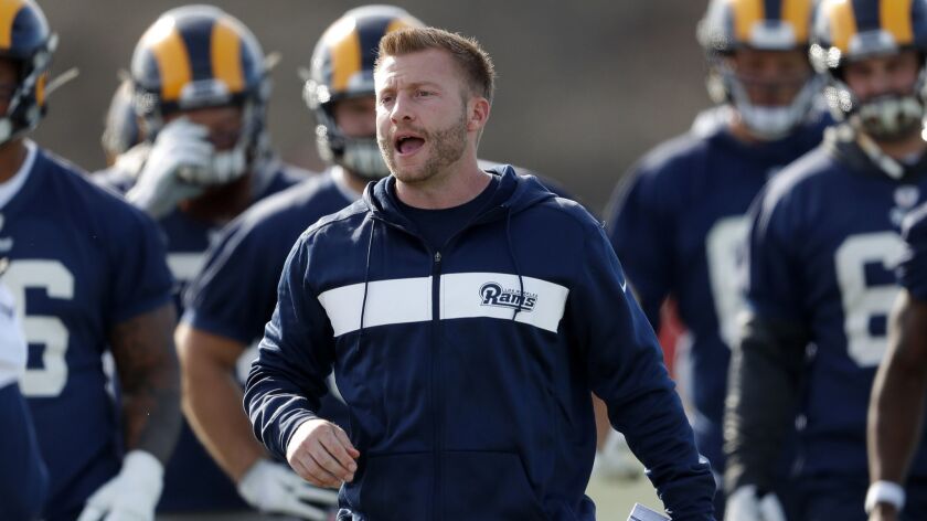 Rams coach Sean McVay directs players during a team practice session in February.