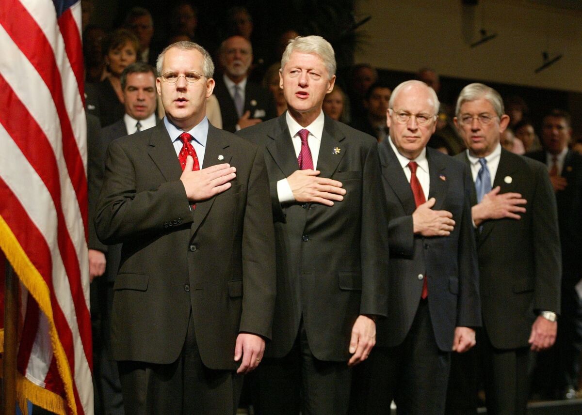 After the Oklahoma City bombing, President Clinton, second from left, insinuated that Rush Limbaugh and his imitators were partly to blame.