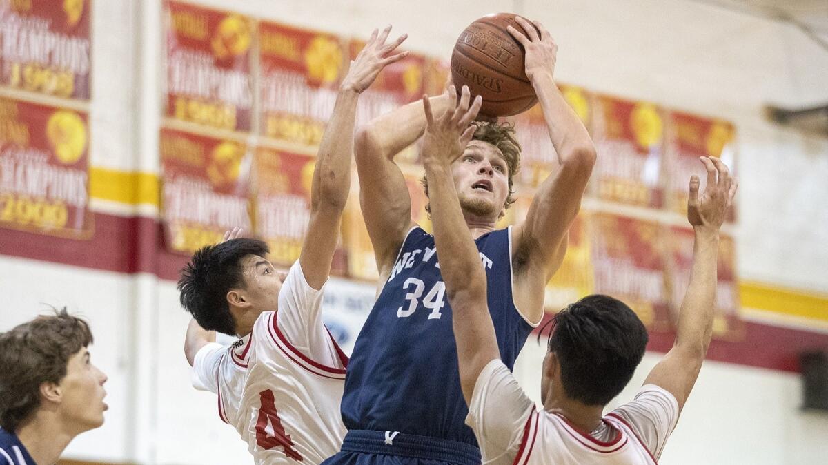 Newport Harbor High's Dayne Chalmers, pictured going up for a shot against Loara on Nov. 27, led the Sailors to a 61-36 win against Long Beach Wilson in a Grizzly Invitational pool-play game at Loara High on Wednesday.