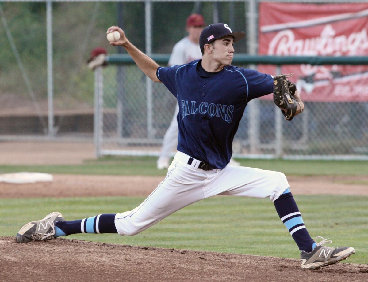 Crescenta Valley High pitcher Brian Gadsby fires a shot against Arcadia during a game on Friday, May 16, 2014.