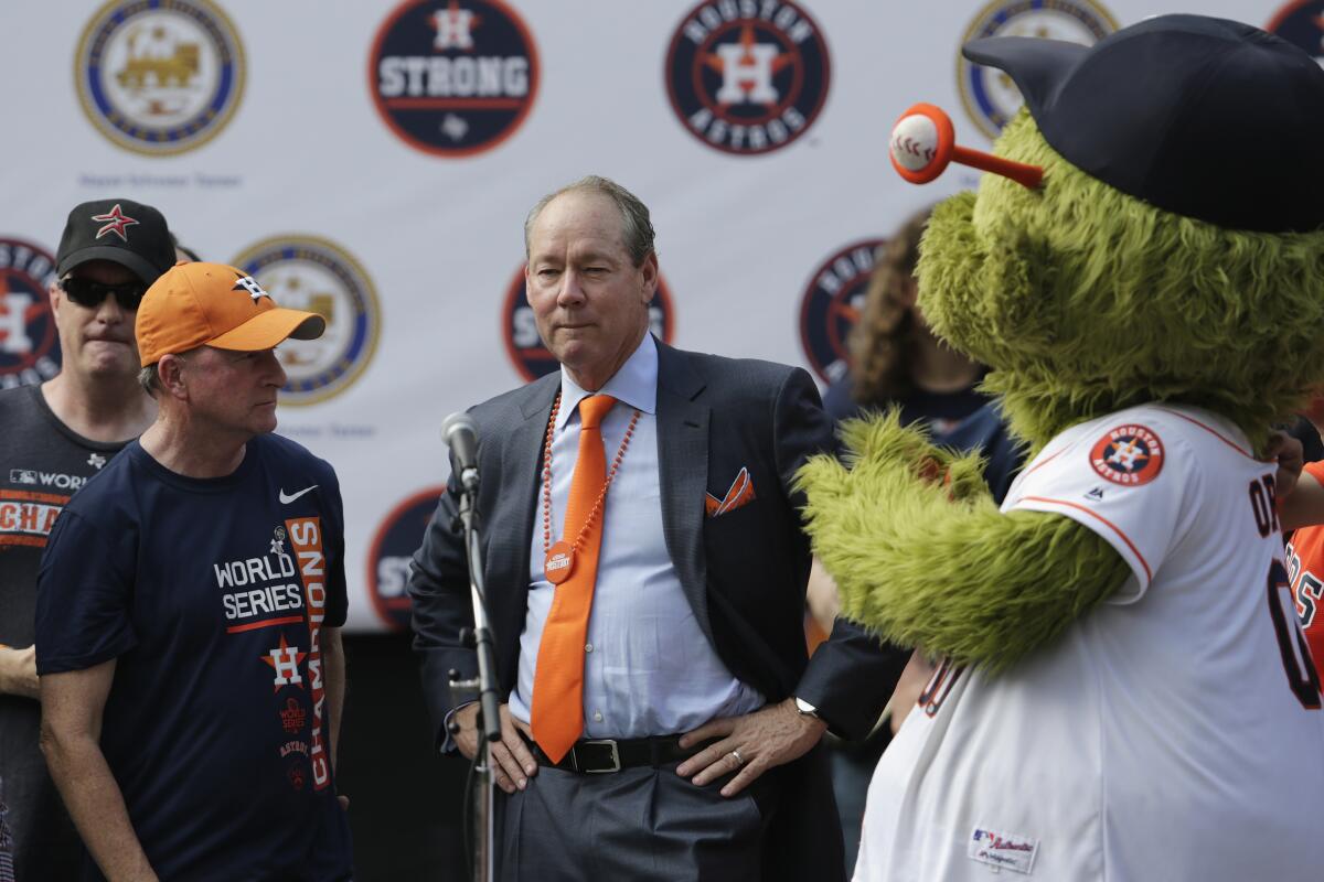 Astros owner Jim Crane is introduced during Houston's World Series victory parade on Nov. 3, 2017.
