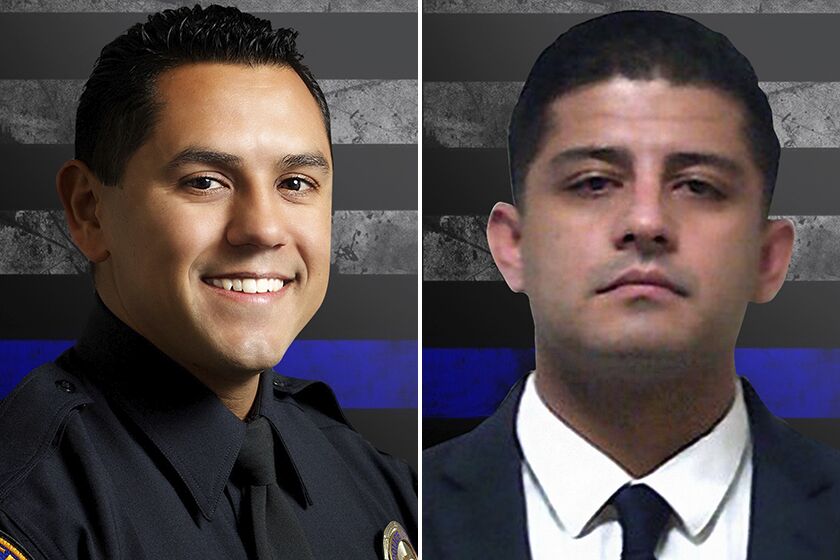 El Monte Police Cpl. Michael Paredes, left, and Officer Joseph Santana were fatally shot Tuesday as they confronted a suspect at a motel.