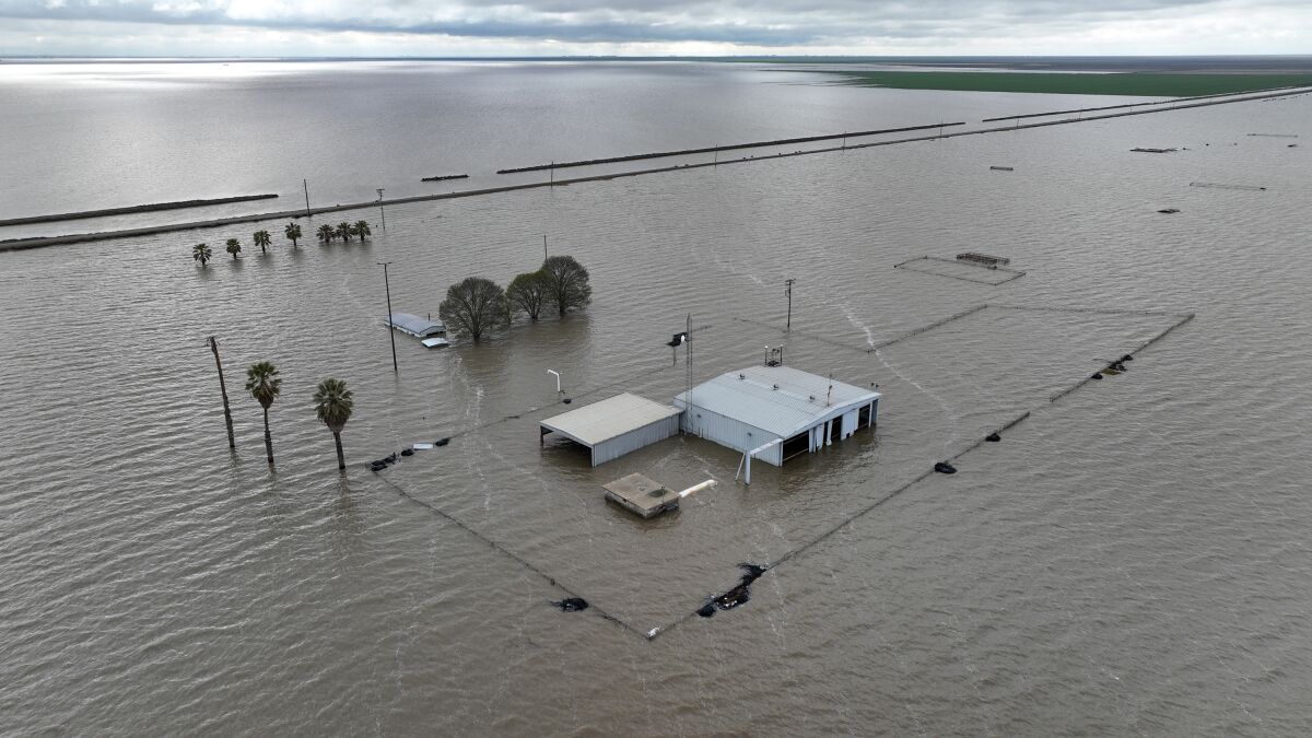 Aerial view of floodwaters surrounding a structure, covering much of a fence and the bases of trees next to a breached levee