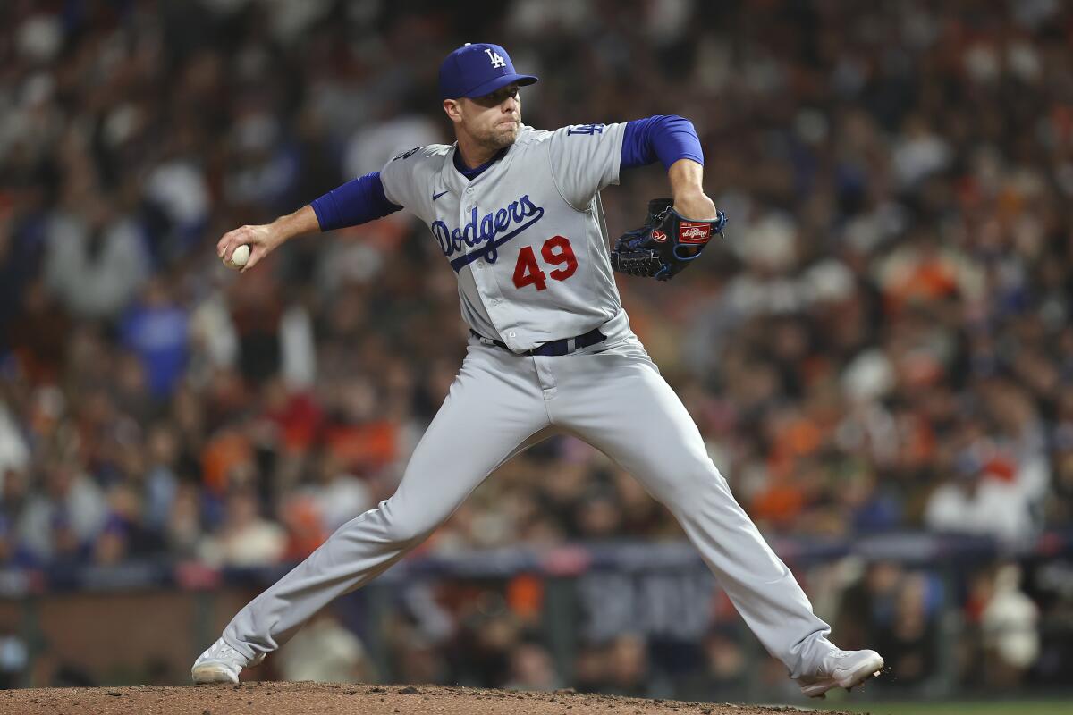 Dodgers reliever Blake Treinen delivers against the San Francisco Giants in Game 5 of the NLDS.