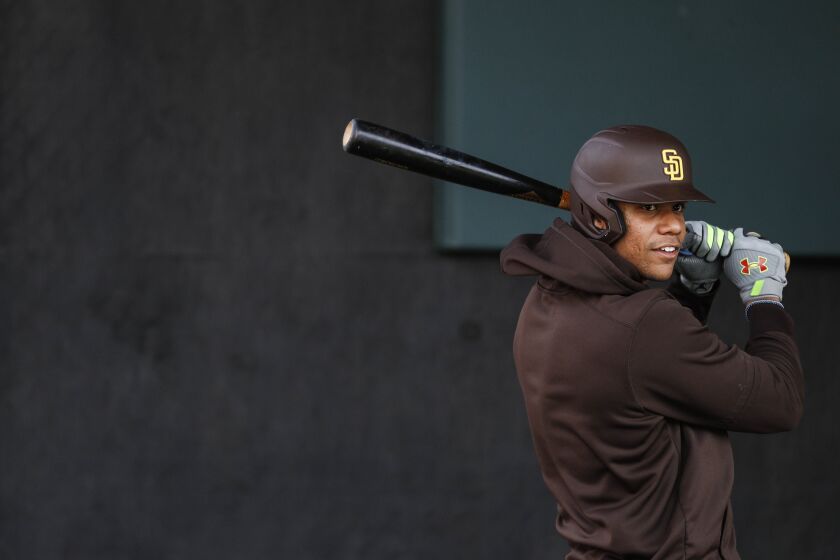 Peoria, AZ - February 17: Padres right fielder Juan Soto (22) prepares for batting practice during a spring training practice at Peoria Sports Complex on Friday, Feb. 17, 2023 in Peoria, AZ. (Meg McLaughlin / The San Diego Union-Tribune)