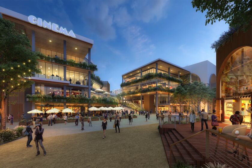 An artist rendering shows a proposed redevelopment of Horton Plaza.