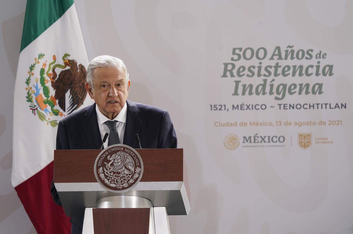 Andrés Manuel López Obrador speaks at a lectern