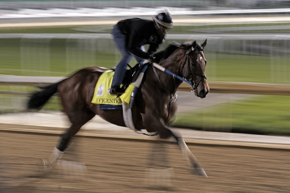 Kentucky Derby entrant Epicenter works out at Churchill Downs Thursday, May 5, 2022, in Louisville, Ky. The 148th running of the Kentucky Derby is scheduled for Saturday, May 7. (AP Photo/Charlie Riedel)