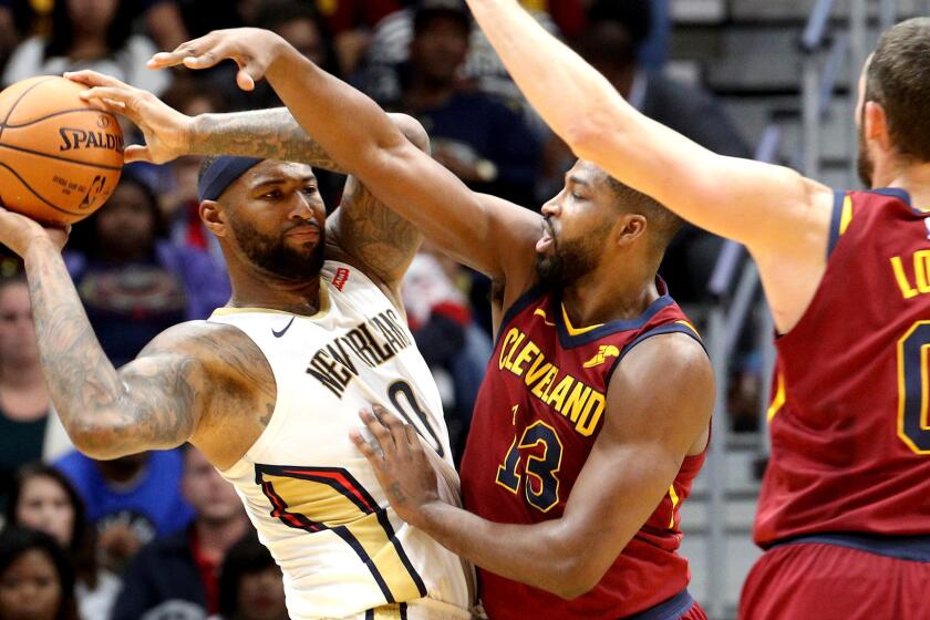 NEW ORLEANS, LA - OCTOBER 28: DeMarcus Cousins #0 of the New Orleans Pelicans looks to pass the ball around Tristan Thompson #13 of the Cleveland Cavaliers at the Smoothie King Center on October 28, 2017 in New Orleans, Louisiana. NOTE TO USER: User expressly acknowledges and agrees that, by downloading and or using this photograph, User is consenting to the terms and conditions of the Getty Images License Agreement. (Photo by Chris Graythen/Getty Images) ** OUTS - ELSENT, FPG, CM - OUTS * NM, PH, VA if sourced by CT, LA or MoD **