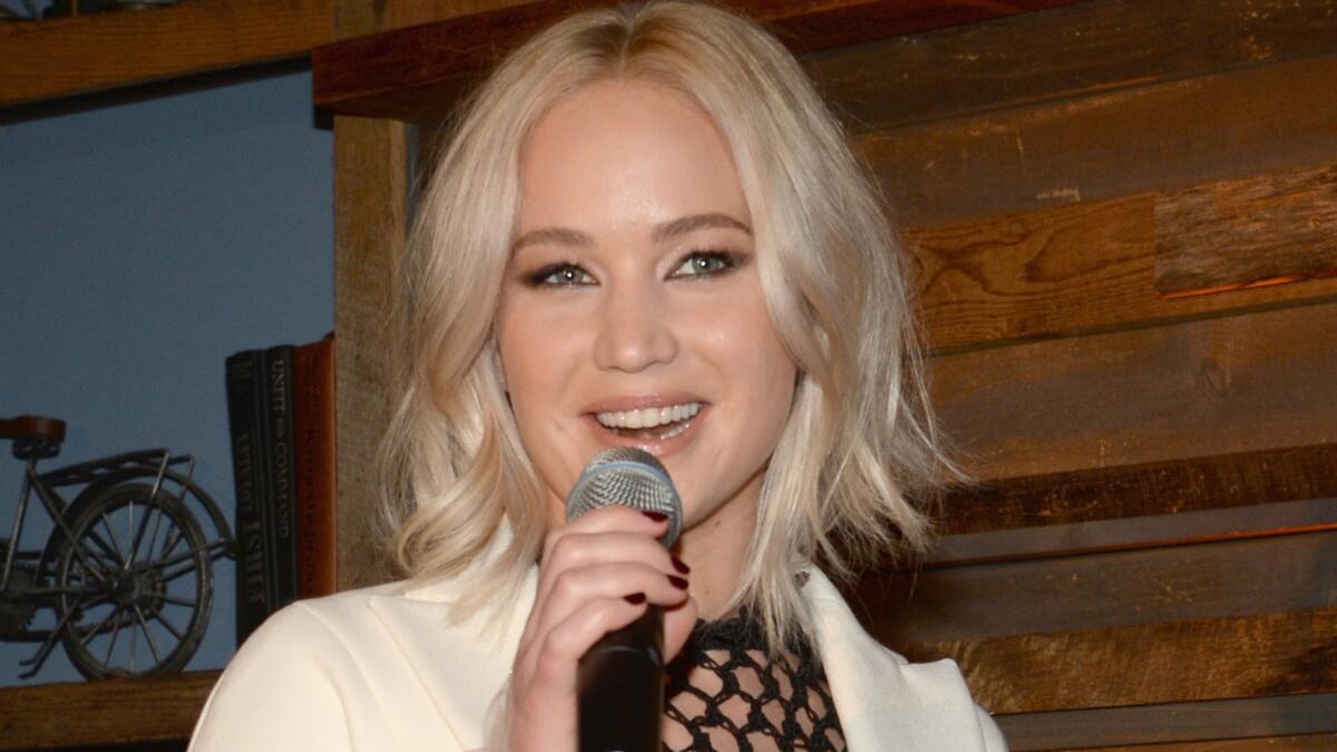 Jennifer Lawrence speaks at the ninth annual Women in Film pre-Oscar cocktail party in Los Angeles on Friday.