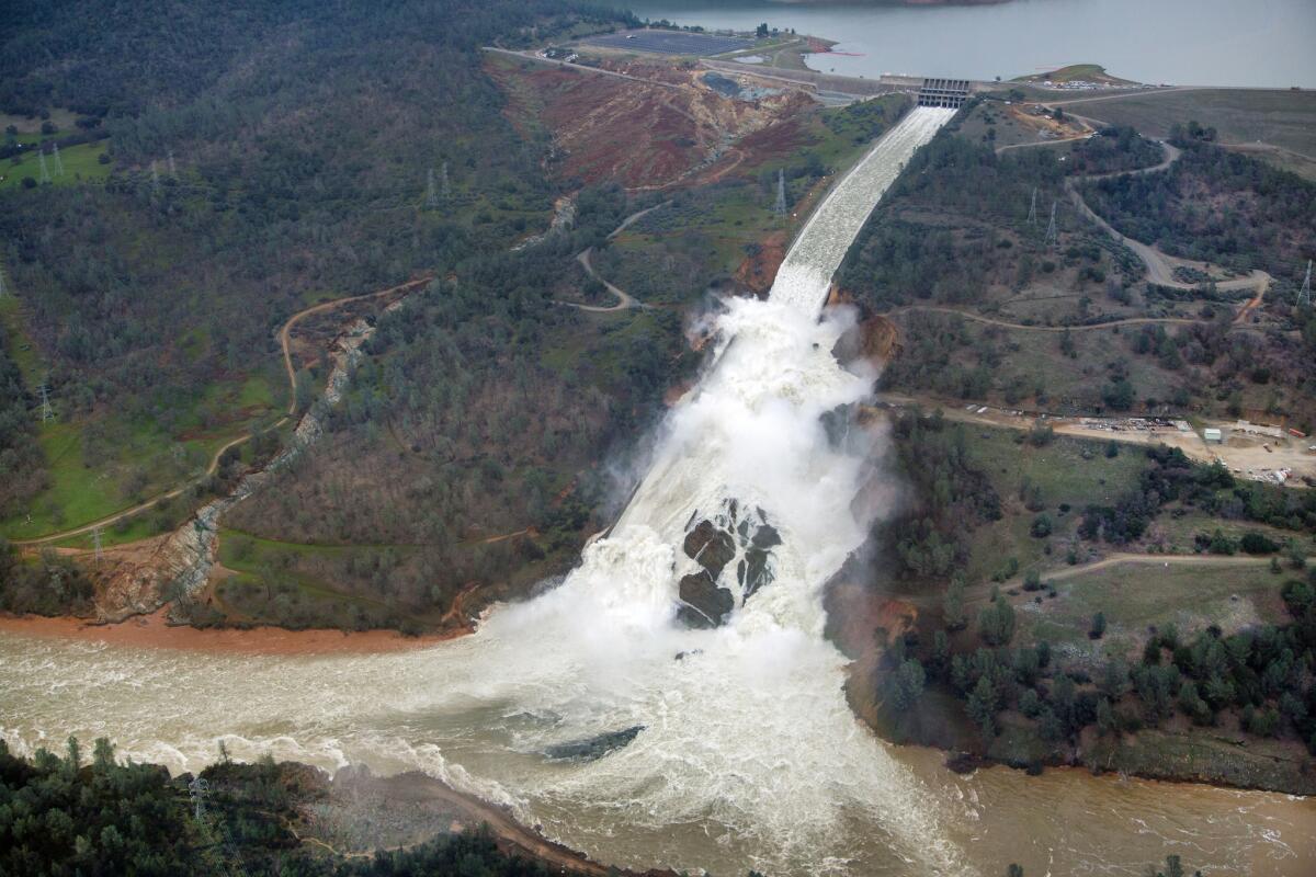 This aerial view looks east toward Oroville Dam and Lake Oroville on Feb. 15.