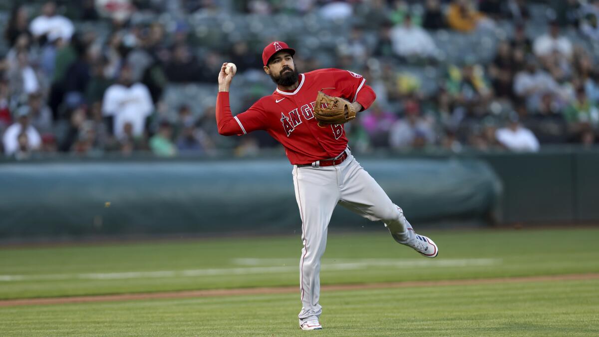 Angels third baseman Anthony Rendon throws to first against the Oakland Athletics on May 13.