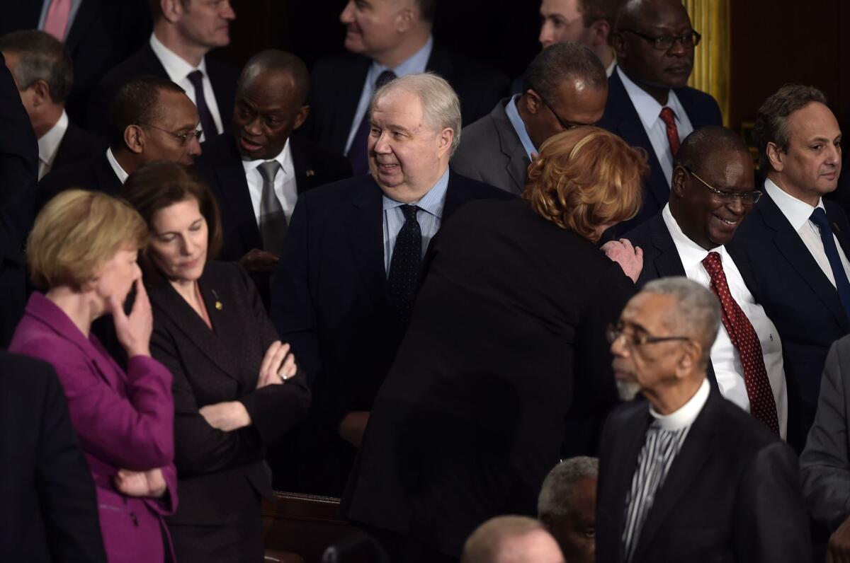 Russian Ambassador to the U.S. Sergey Kislyak, center, arrives before President Donald Trump addresses a joint session of Congress on Feb. 28, 2017.