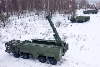 FILE - In this photo taken from video provided by the Russian Defense Ministry Press Service on Tuesday, Jan. 25, 2022, The Russian army's Iskander missile launchers take positions during drills in Russia. The Russian Defense Ministry said that the military will hold drills involving tactical nuclear weapons – the first time such exercise was publicly announced by Moscow. (Russian Defense Ministry Press Service via AP, File)
