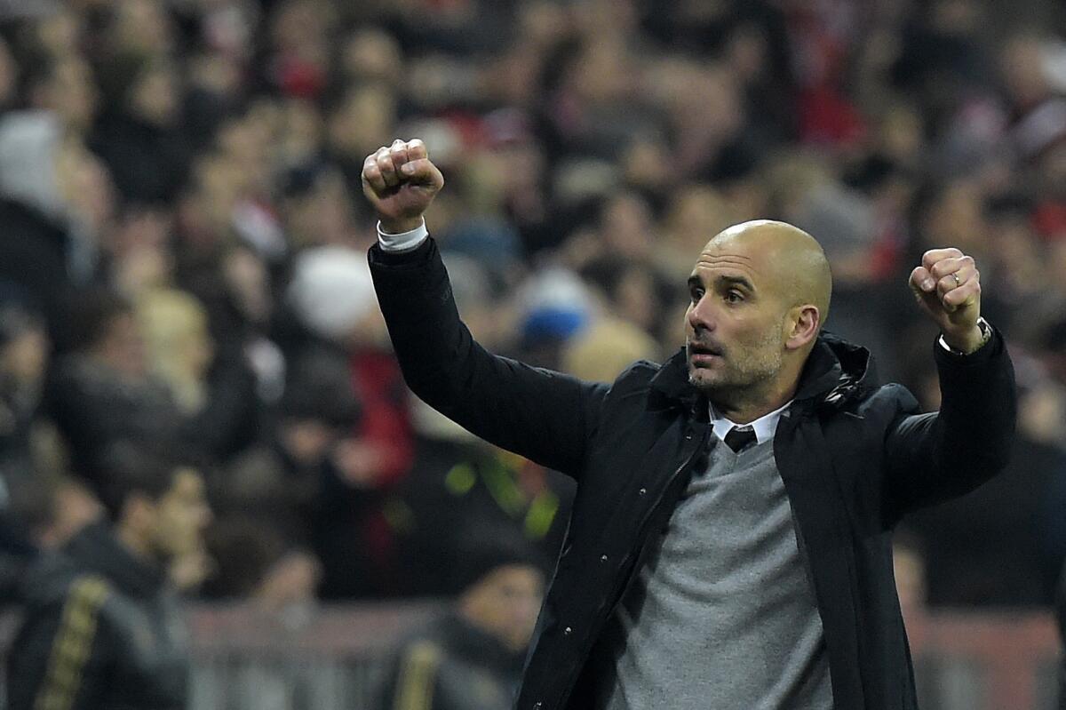 Bayern Munich's Spanish head coach Pep Guardiola celebrates his team's victory after the extra time of the UEFA Champions League, Round of 16, second leg football match FC Bayern Munich v Juventus in Munich, southern Germany on March 16, 2016. Bayern Munich won 4-2 and qualified for the quarter finals. / AFP PHOTO / TOBIAS SCHWARZTOBIAS SCHWARZ/AFP/Getty Images ** OUTS - ELSENT, FPG, CM - OUTS * NM, PH, VA if sourced by CT, LA or MoD **