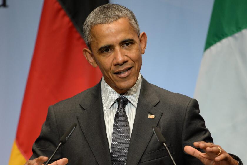 President Obama speaks at a G-7 summit news conference in Garmisch-Partenkirchen, Germany, on Monday.