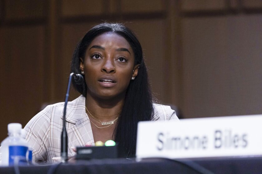 United States Olympic gymnast Simone Biles testifies during a Senate Judiciary hearing about the Inspector General.