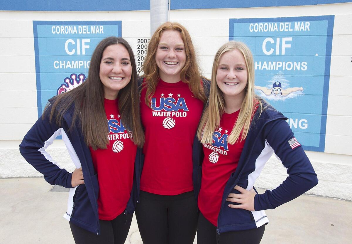 Corona del Mar High girls' water polo players, from left: Chloe Harbilas, Erin Tharp and Sophie Wallace are competing for the USA women's youth national team to the UANA Junior Pan American Championships in Canada.