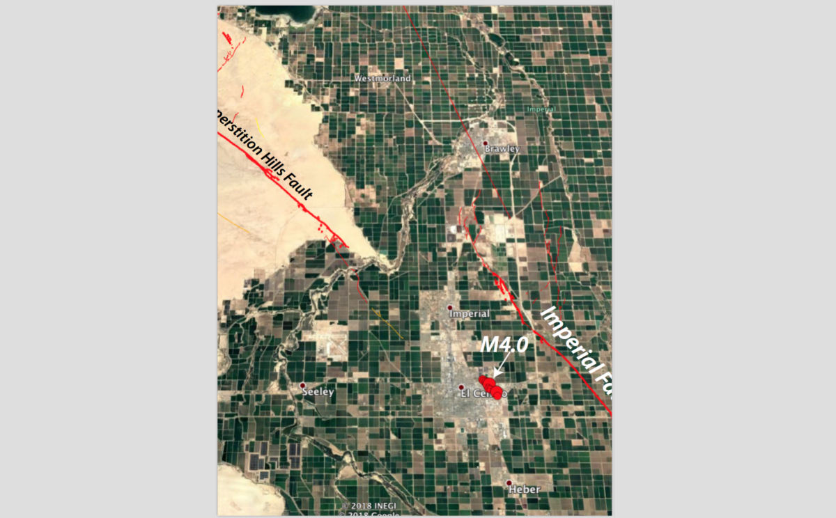 Monday's swarm of small earthquakes, topping out at magnitude 4, occurred along a plausible southeastern extension of the mapped Superstition Hills fault and parallel to the Imperial fault.