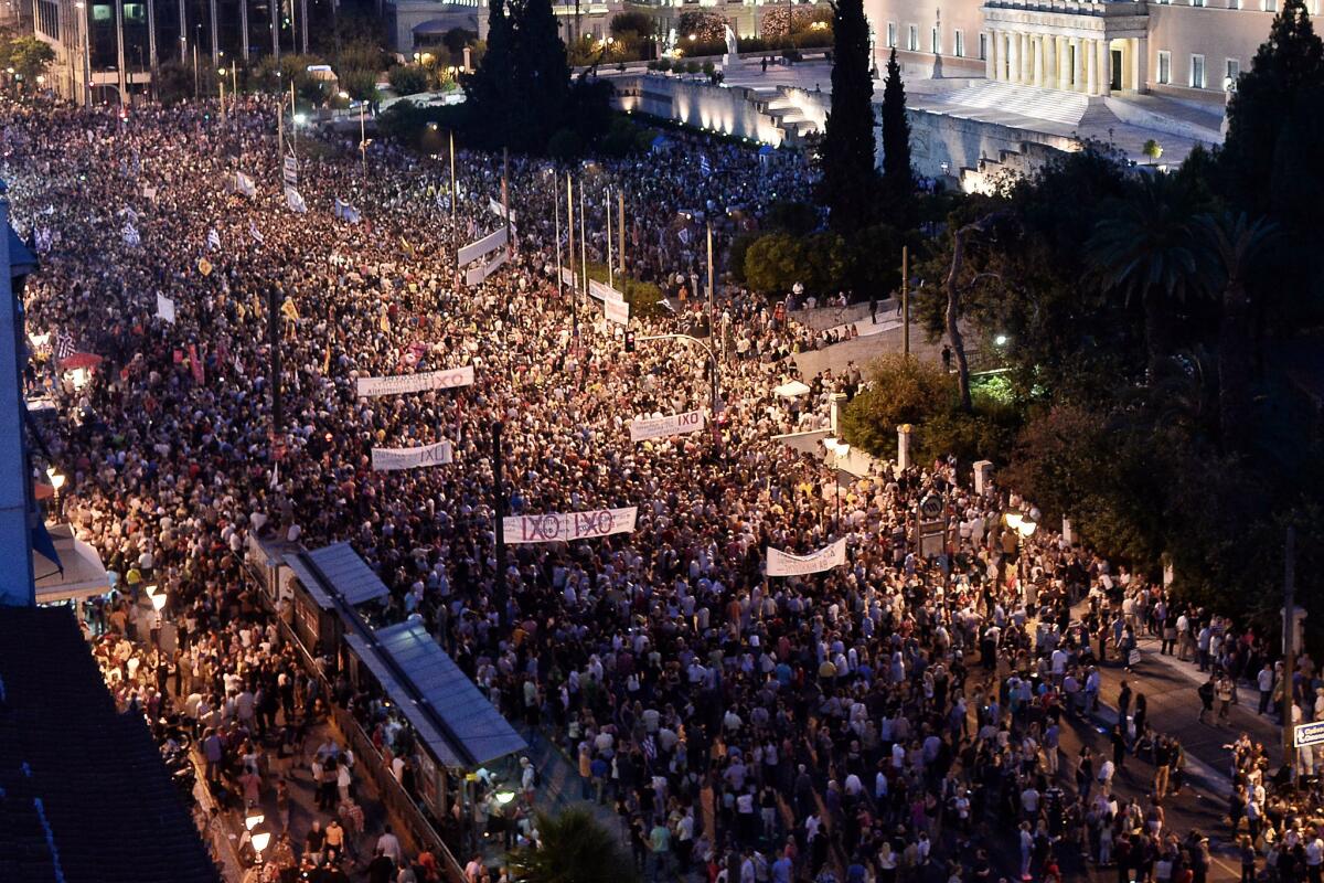 Demonstrators during a rally in Athens, Greece on June 29. Greek voters will decide in a referendum next Sunday whether their government should accept an economic reform package put forth by Greece's creditor.