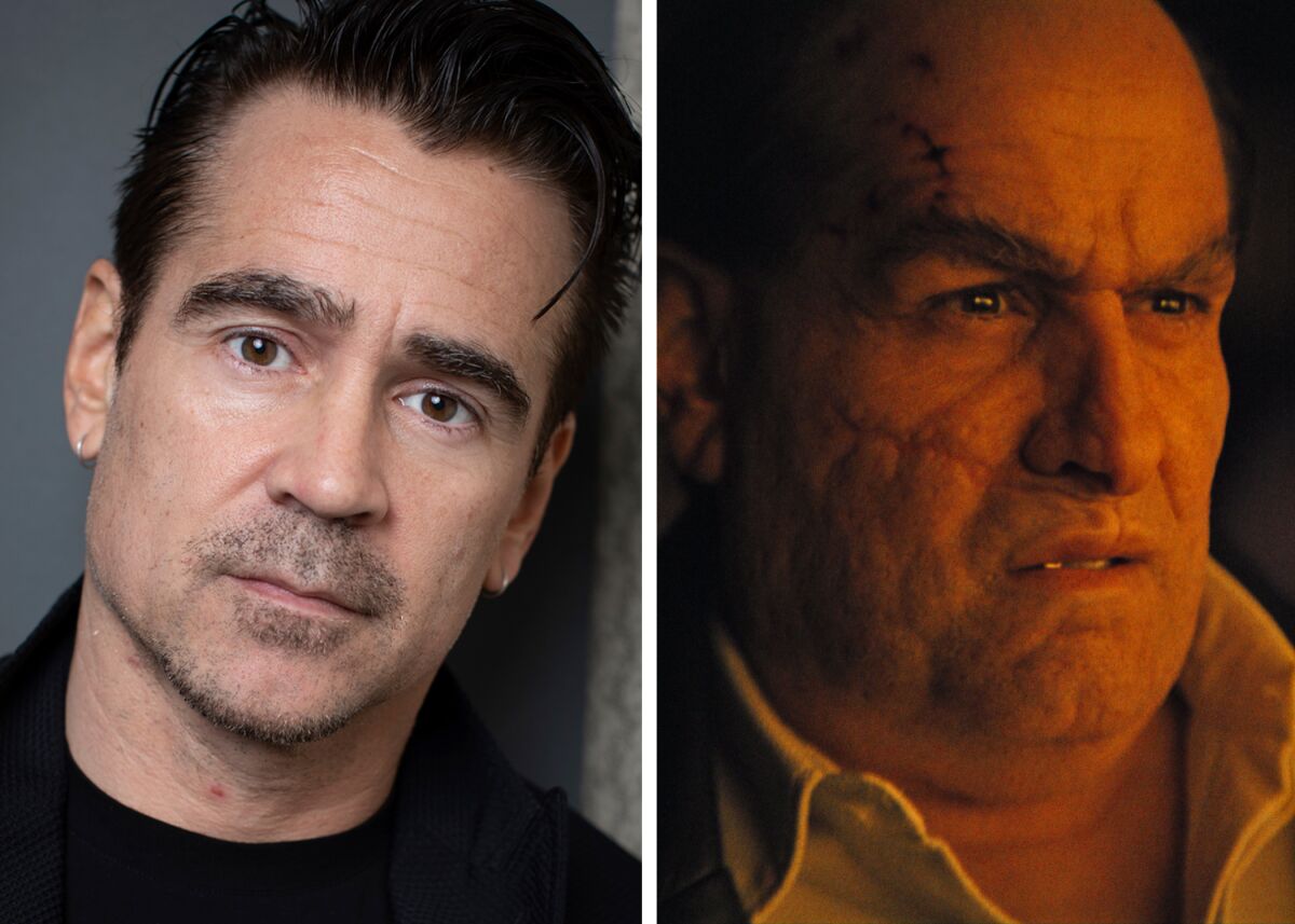 Side-by-side face shots of Colin Farrell and in makeup as The Penguin.