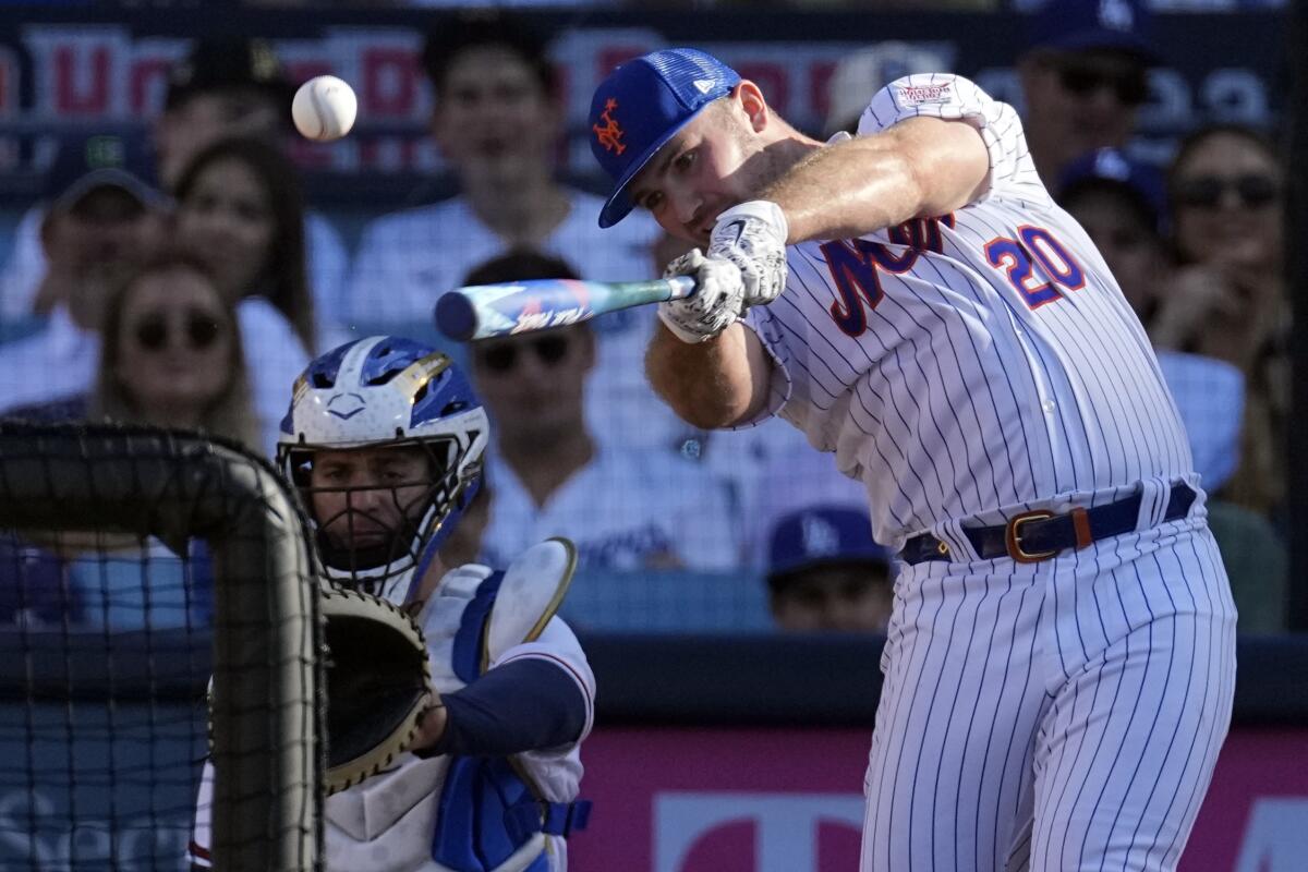 New York Mets star Pete Alonso bats during during the home run derby at Dodger Stadium on Monday.