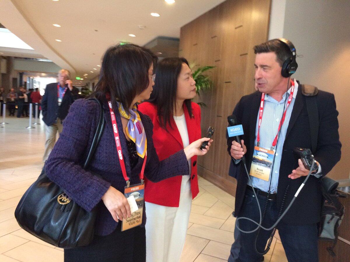 State Senator Janet Nguyen (R-San Jose), center, speaks to a reporter at the California Republican Party convention in Sacramento.