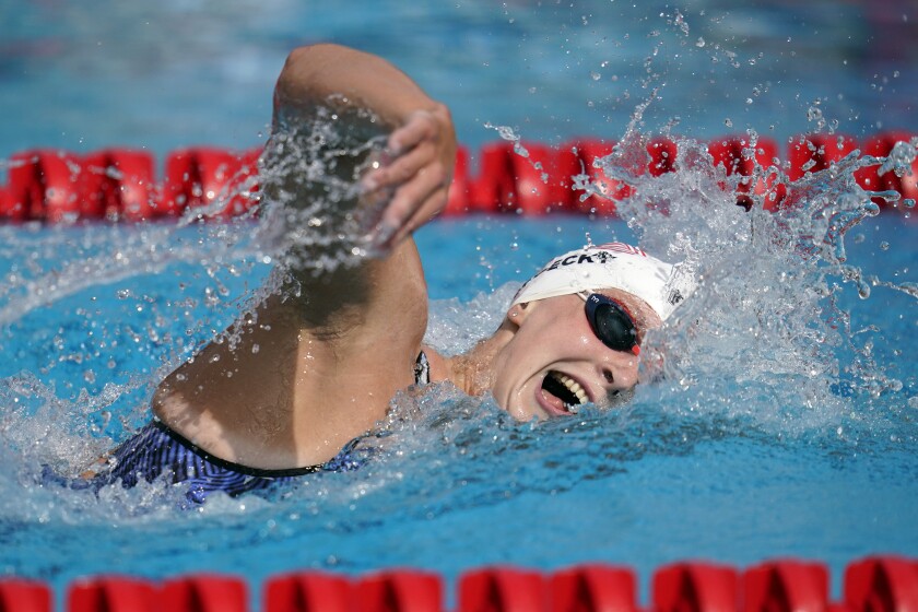 Katie Ledecky competes in the women's 1,500-meter freestyle final at the TYR Pro Swim Series in Mission Viejo.