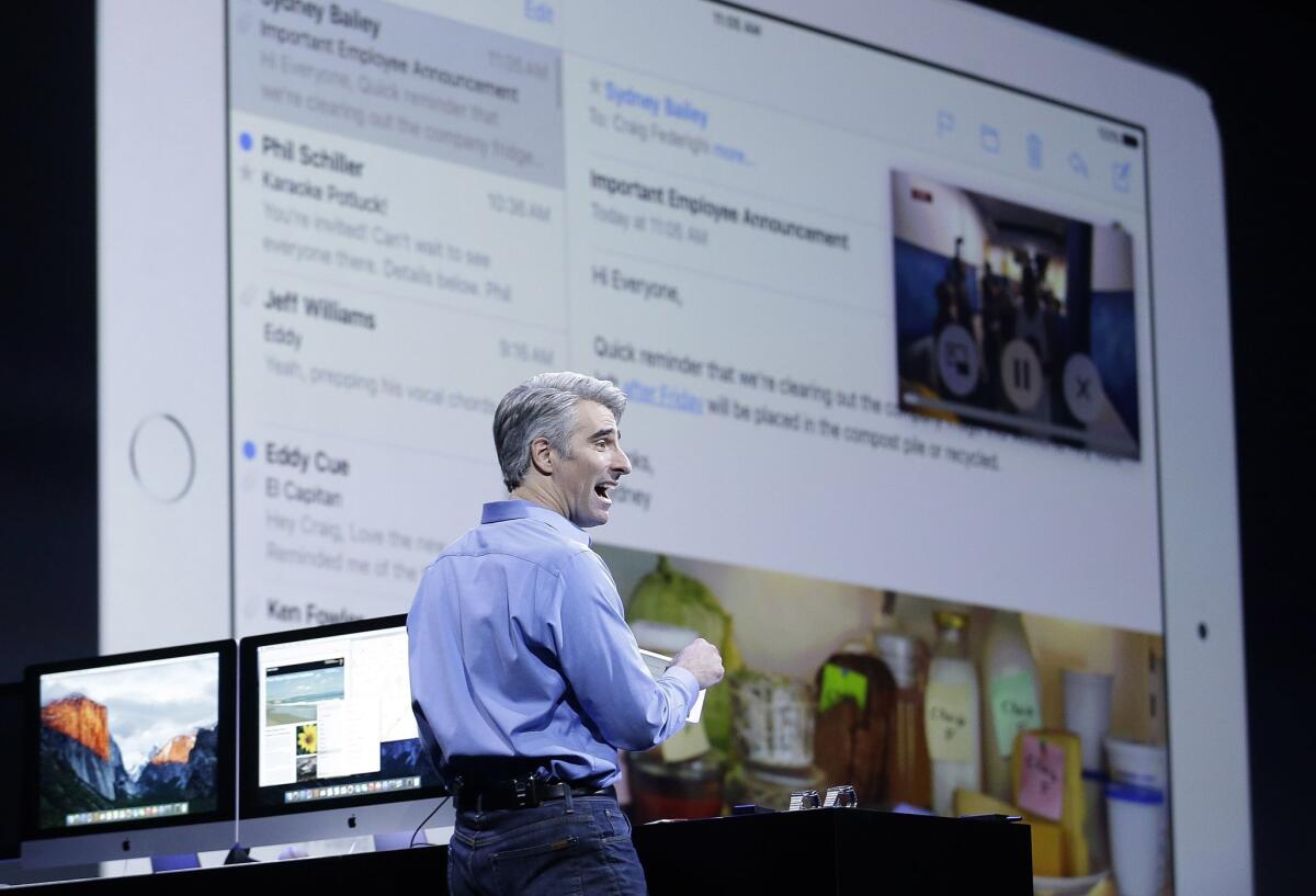 Craig Federighi, Apple senior vice president of software engineering, demonstrates the multitask feature on an iPad Air 2 at the Apple Worldwide Developers Conference in San Francisco on Monday.