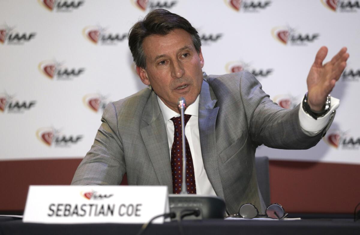IAAF President Sebastian Coe speaks at a news conference after the 202nd IAAF Council meeting in Monaco on Nov. 26.