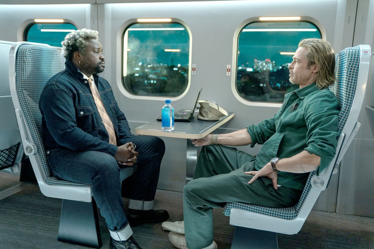 Bryan Tyree Henry, left, and Brad Pitt in a scene from "Bullet Train"