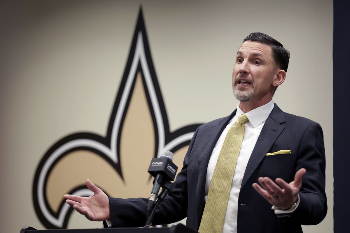 New Orleans Saints new head coach Dennis Allen speaks during a news conference at the NFL football team's training facility, Tuesday, Feb. 8, 2022, in Metairie, La. (AP Photo/Derick Hingle)