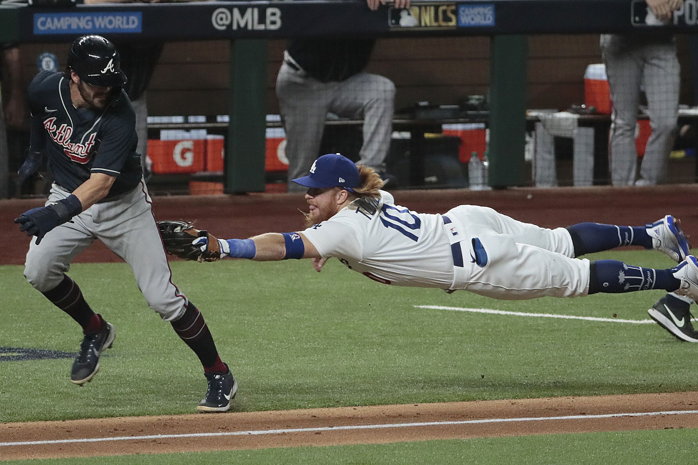 Dodgers third baseman Justin Turner tags out Braves shortstop Dansby Swanson in Game 7 of the 2020 NLDS.