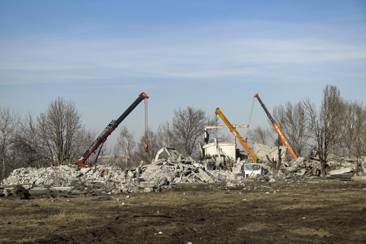 Rubble at site of rocket strike in Makiivka, Ukraine