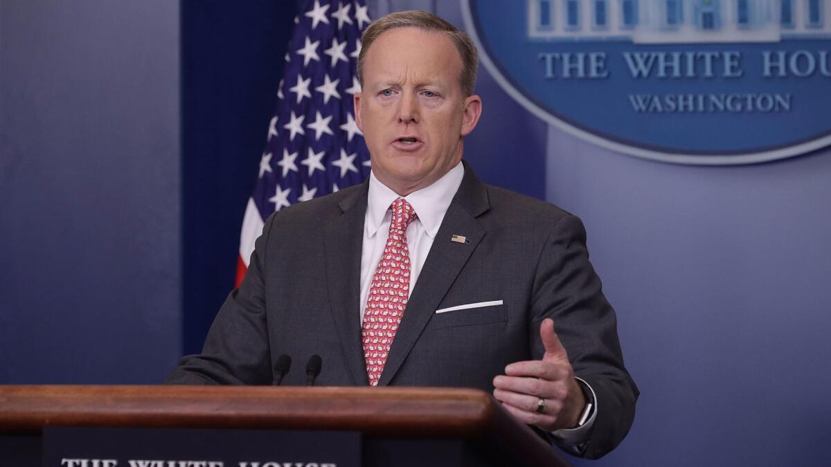 White House Press Secretary Sean Spicer answers reporters' questions during the daily press briefing at the White House April 17, 2017 in Washington, DC.