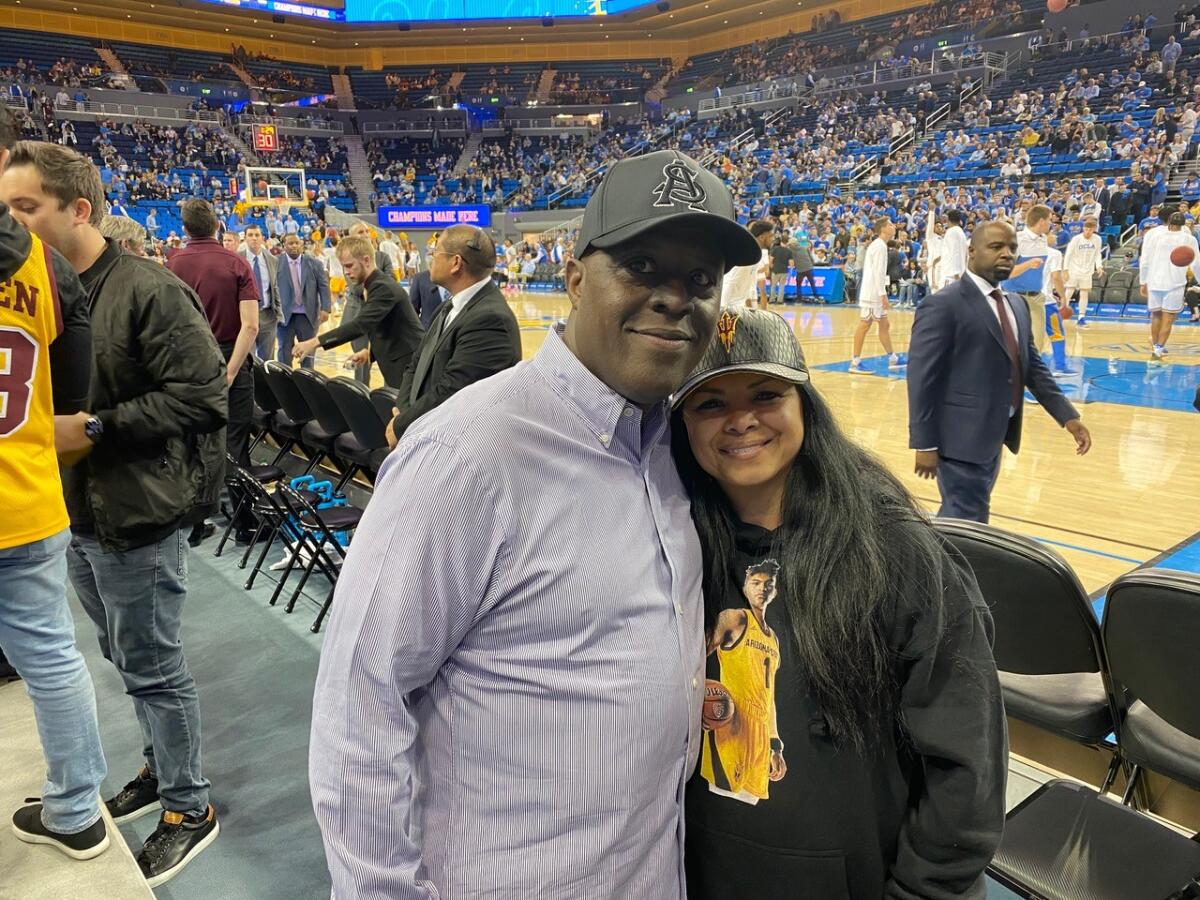 Remy Martin's parents, Sam and Mary Ann, pose while watching UCLA and Arizona State at Pauley Pavilion on Feb. 27.