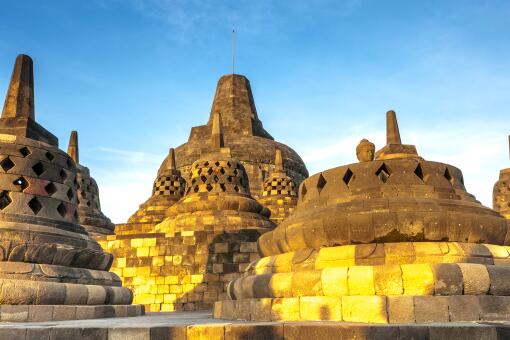 A photo of the Heritage Buddist temple Borobudur complex in Yogjakarta in Java, indonesia.