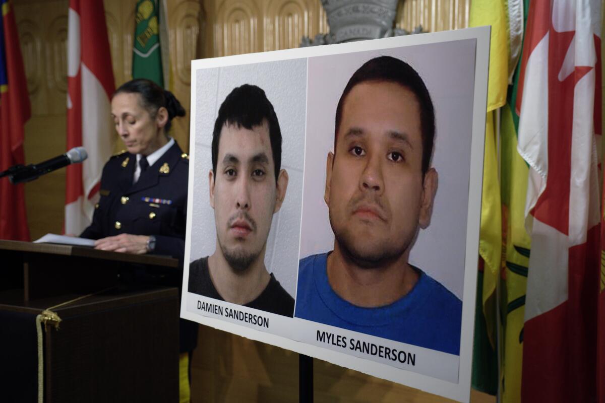 Images of Damien Sanderson and Myles Sanderson are shown next to a woman at a podium
