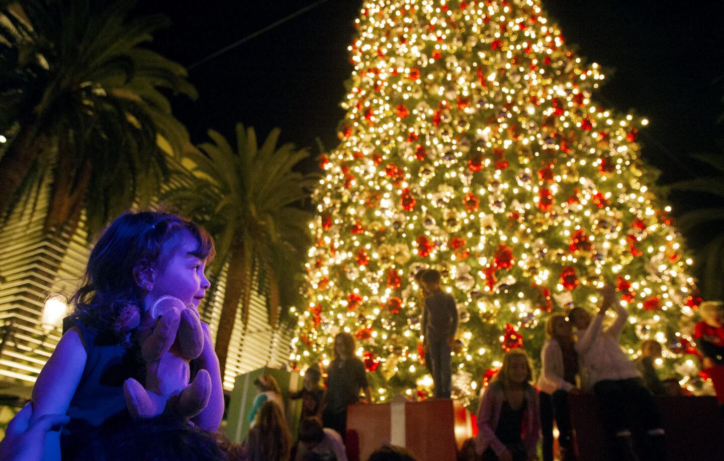 Adrina Robinson, 2, admires the the lights atop her uncle, David Cuccia's shoulders during the Christmas tree lighting at Fashion Island on Friday, November 14.