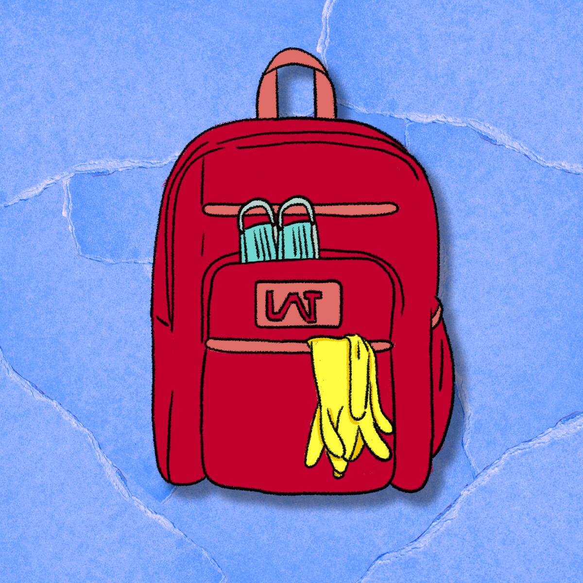 An illustration of a backpack with a mask and gloves hanging out.