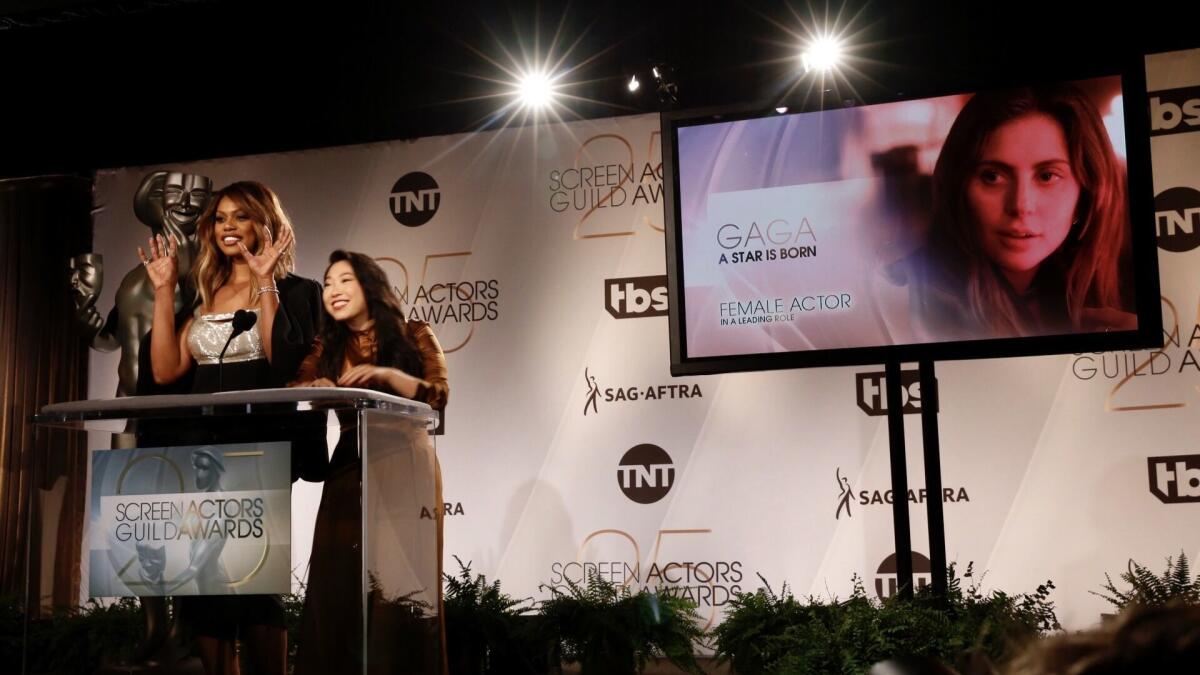 Laverne Cox, left, and Awkwafina announce the 2019 Screen Actors Guild Award nominees in West Hollywood on Wednesday.