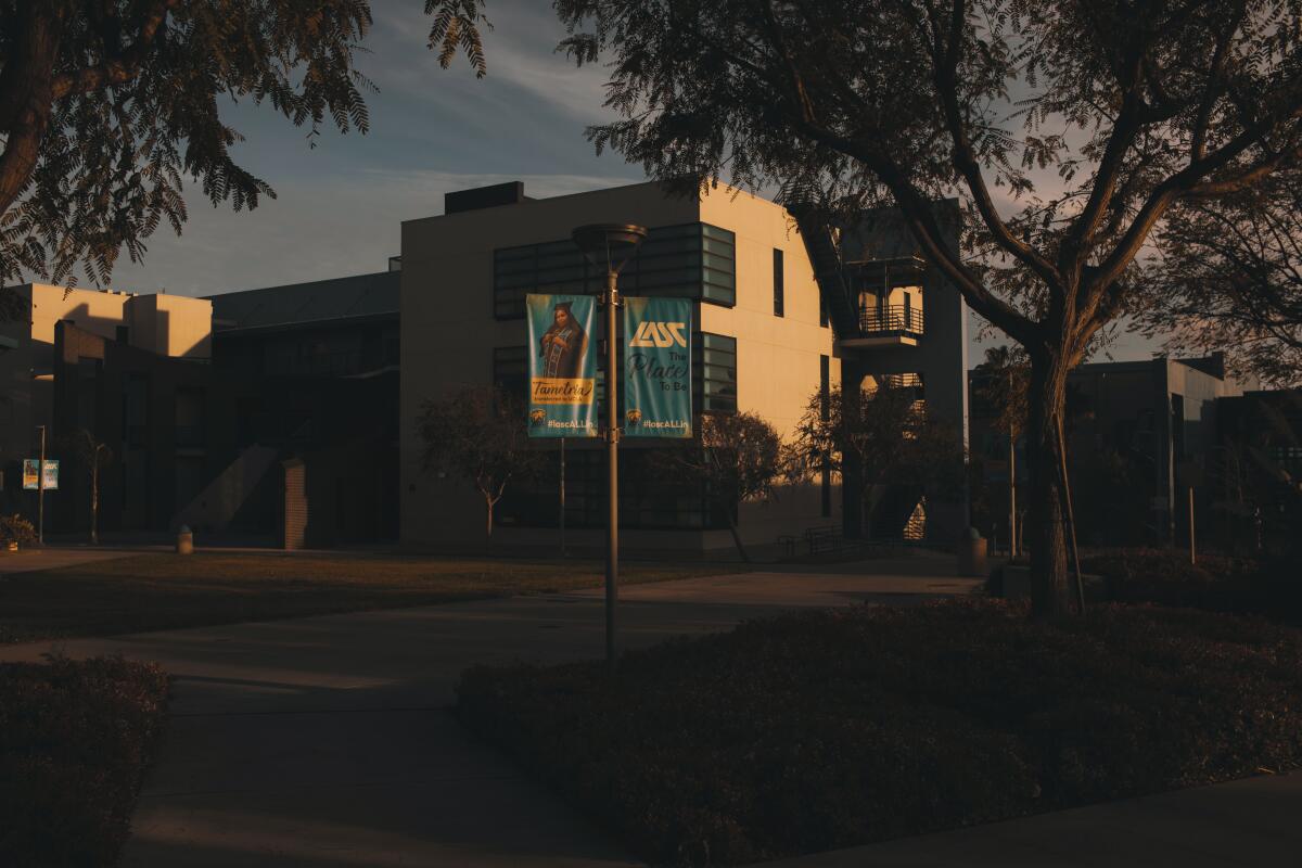 A building on college campus at sunset
