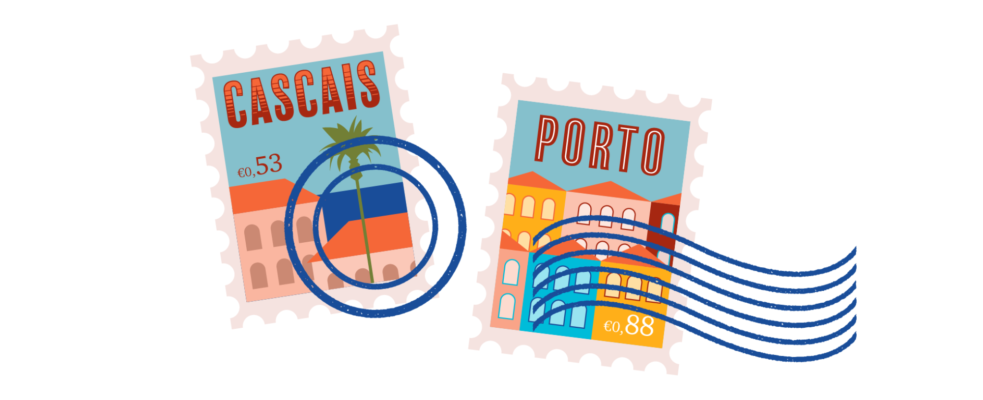 postage stamps for Cascais and Porto, Portugal, illustrated with colorful buildings