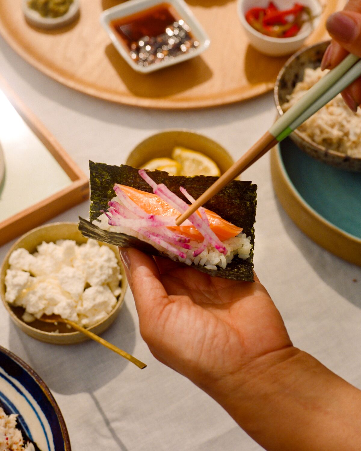 Homemade hand rolls are easy: Add two or three of any of your favorite fillings.
