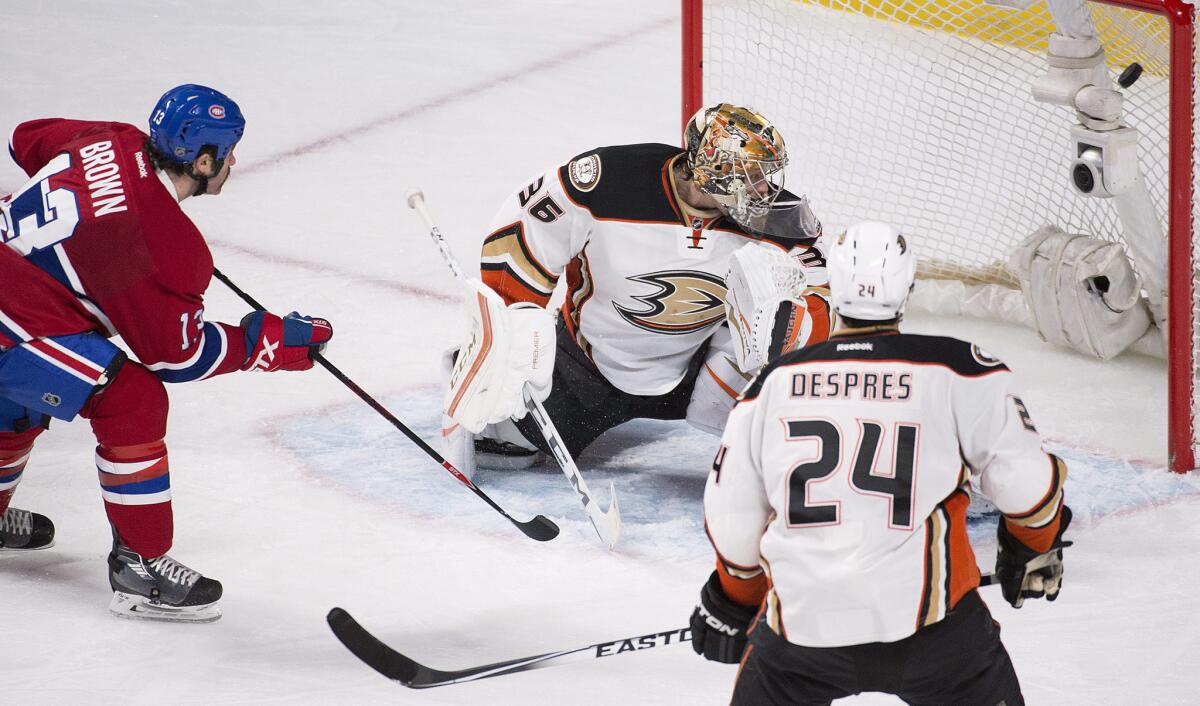 Canadiens forward Mike Brown (13) scores against Ducks goalie John Gibson during the second period of a game on March 22.