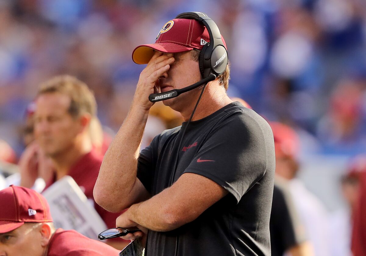 Jay Gruden during the fourth quarter of the Washington Redskins' 24-3 loss to the New York Giants on Sep. 29. Gruden was fired Monday by the Redskins after an 0-5 start to the season.