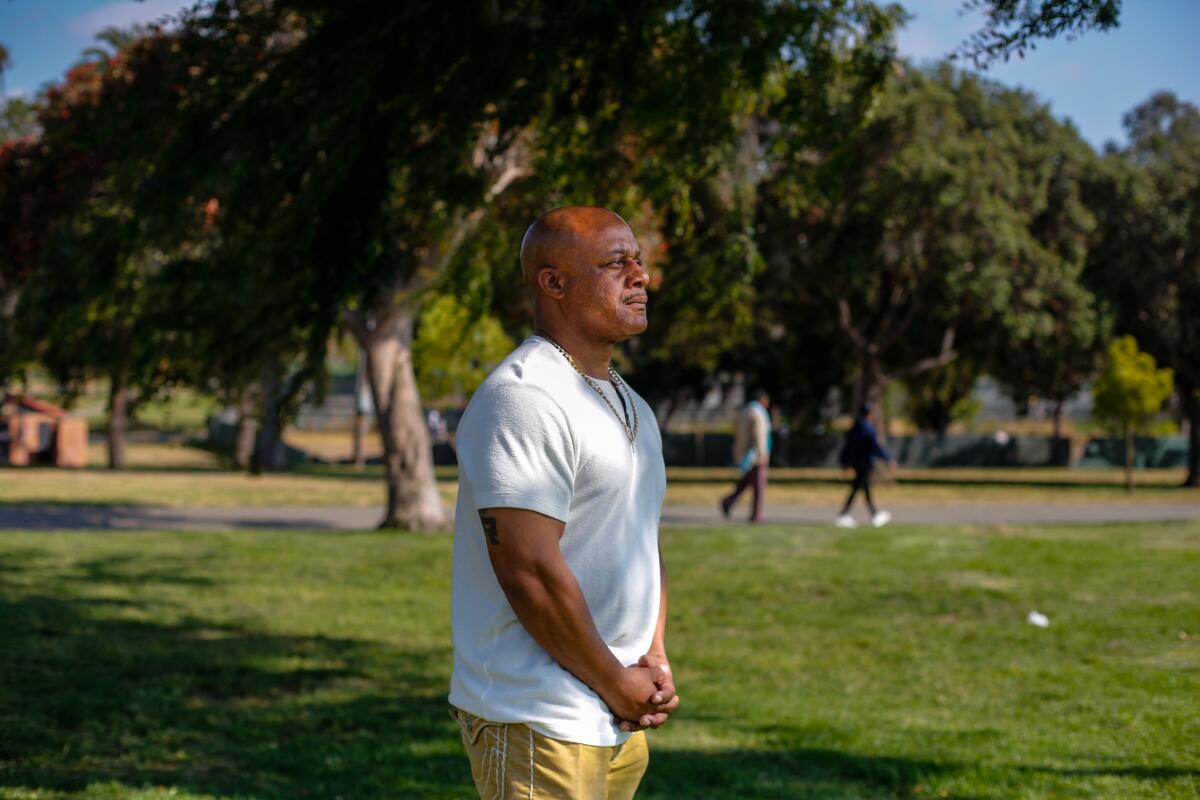 Inglewood, CA - June 16: Khalid Al-Alim, President of the Park Mesa Heights Community Council, poses for a portrait near Crypto.com arena as he grapples with the announcement of corruption charges filed against Councilman Curren Price on Friday, June 16, 2023 in Inglewood, CA. (Jason Armond / Los Angeles Times)