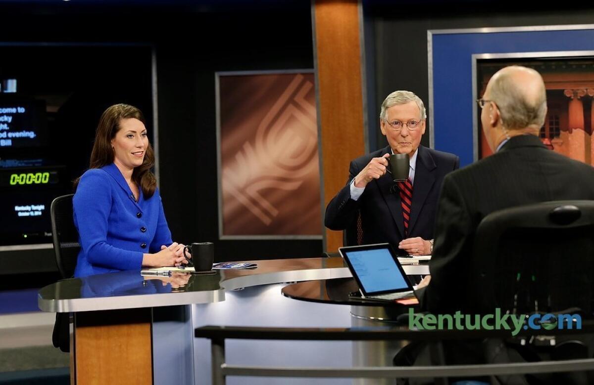 Democratic U.S. Senate candidate Alison Lundergan Grimes and Sen. Mitch McConnell(R-Ky.)before their debate Monday in Lexington, Ky.