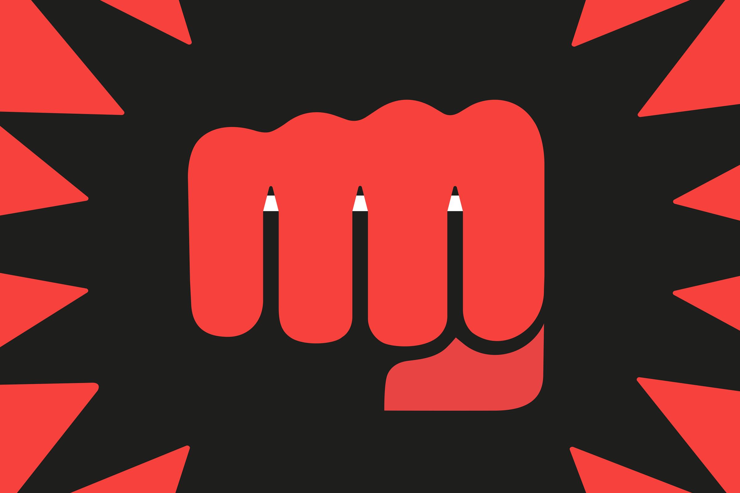 Illustration of a fist on a starburst background with pencils in the negative space.