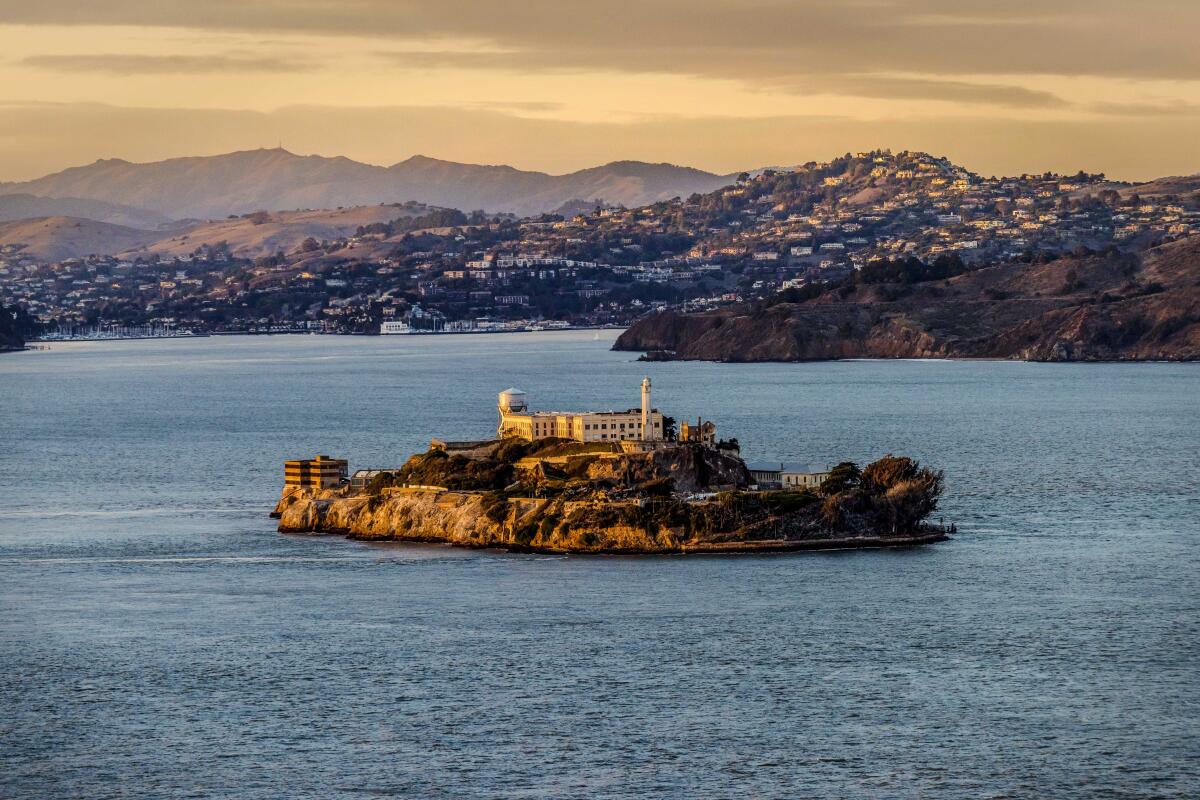 A view of Alcatraz sitting on an island in San Francisco Bay.  